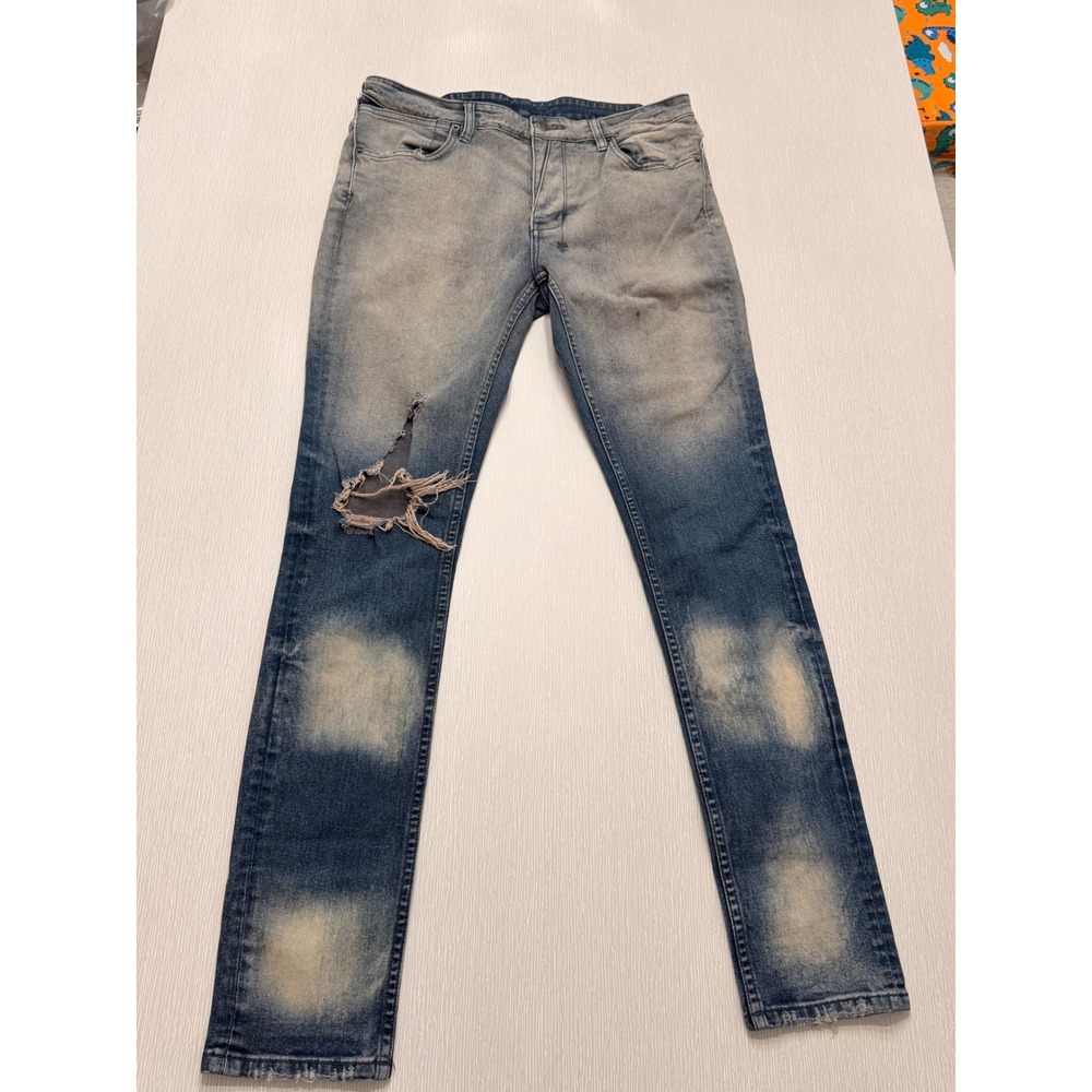 Ksubi Chitch Blue Distressed Bleach Spot Slim Tapered Jeans Mens 34 Distressed